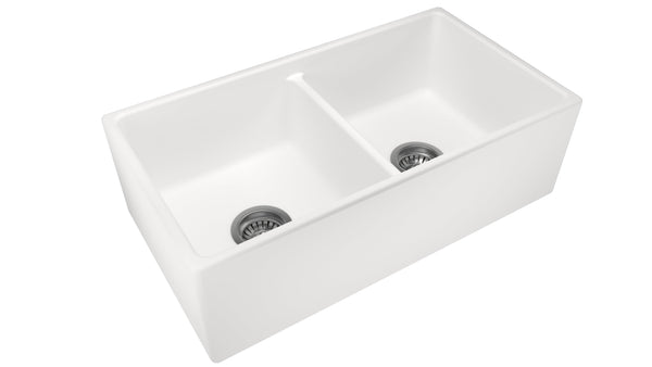 The Burly Fine Fireclay 33" Fine Fireclay Apron Front Farmhouse Reversible Double Bowl 50/50 Kitchen Sink in Glossy White lifestyle image features a spacious and durable plain front sink offering both style and functionality. Available in single bowl models, its deep basin accommodates various kitchen tasks. Its sleek, modern design adds sophistication to any kitchen space. Model: BS331808DBR