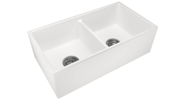 The Burly Fine Fireclay 33" Fine Fireclay Apron Front Farmhouse Reversible Double Bowl 50/50 Kitchen Sink in Glossy White lifestyle image features a spacious and durable plain front sink offering both style and functionality. Available in single bowl models, its deep basin accommodates various kitchen tasks. Its sleek, modern design adds sophistication to any kitchen space. Model: BS331810DBR